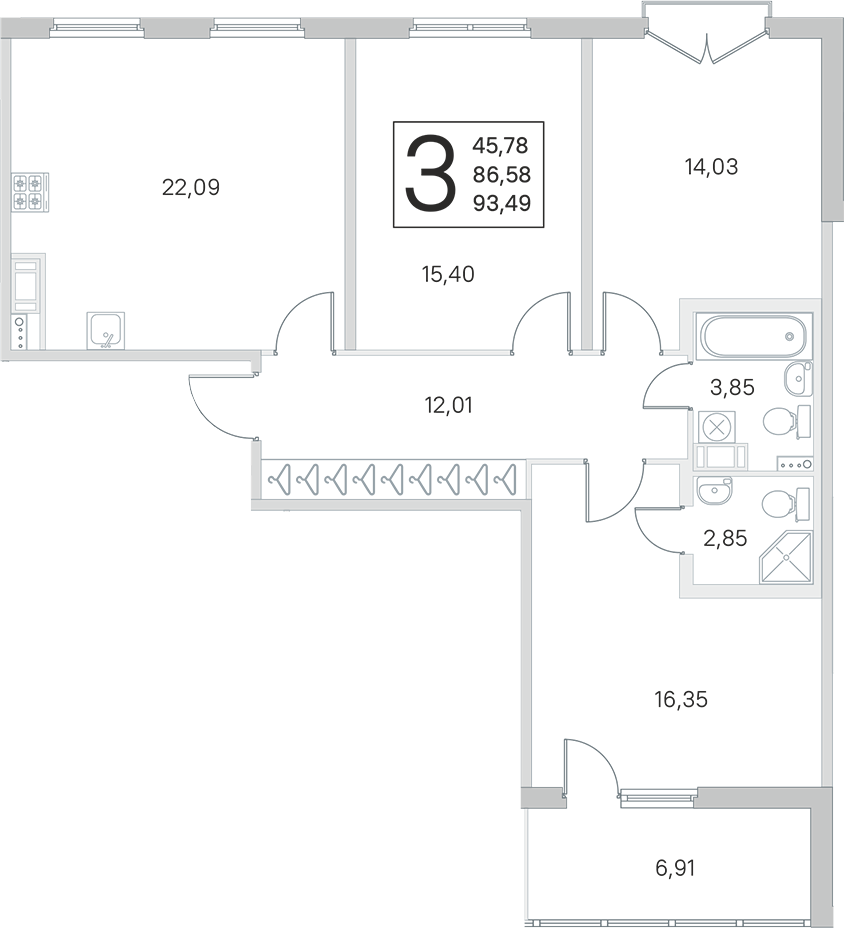 3-комнатная квартира 86.58 м², 3/4 эт., ЖК «Любоград в Стрельне»